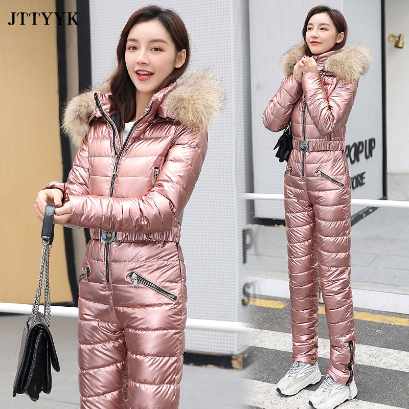 One Piece Ski Suit Women Jackets Winter Hooded Parka Jumpsuit