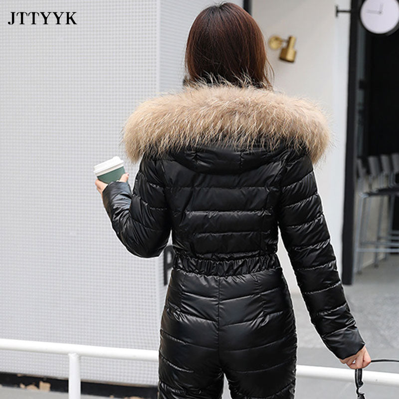 One Piece Ski Suit Women Jackets Winter Hooded Parka Jumpsuit