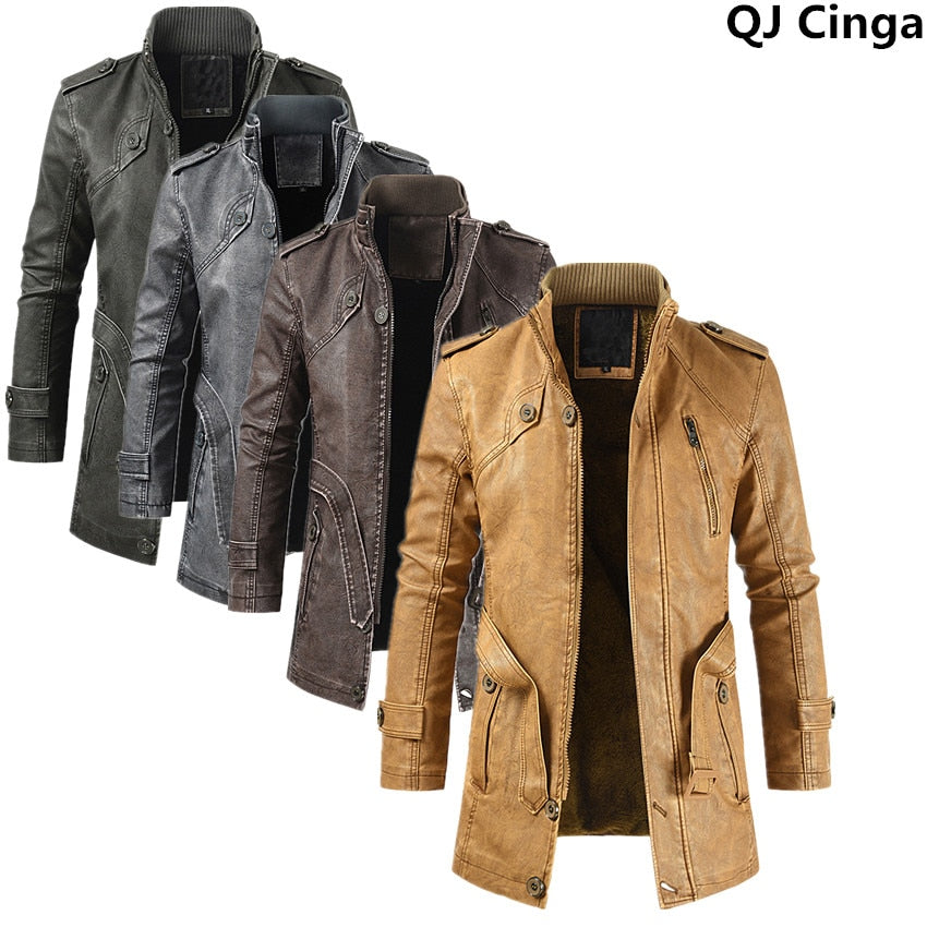 Winter Men's Thick Fleece Leather Jacket Coat Long Outwear Fashion Warm Casual Vintage Clothing for Men Steampunk Biker Jaqueta