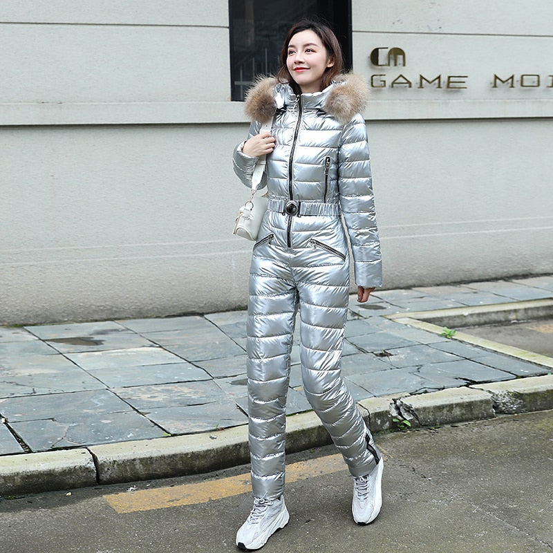 One Piece Ski Suit Women Jackets Winter Hooded Parka Jumpsuit