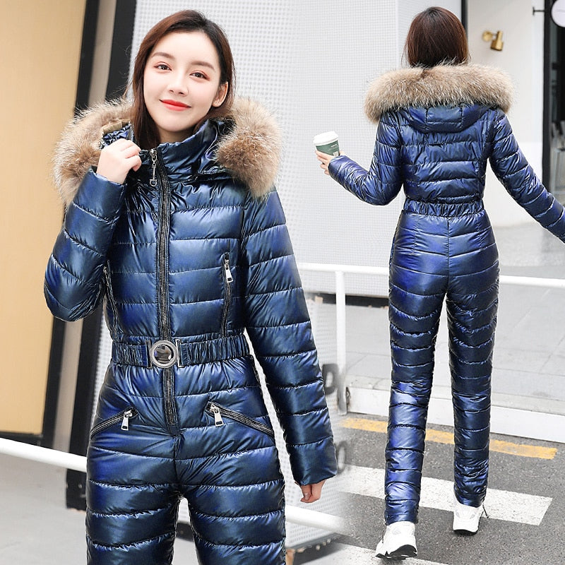 One Piece Ski Suit Women Jackets Winter Hooded Parka Jumpsuit