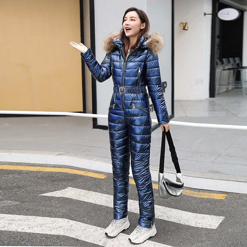 One Piece Ski Suit Women Jackets Winter Hooded Parka Jumpsuit