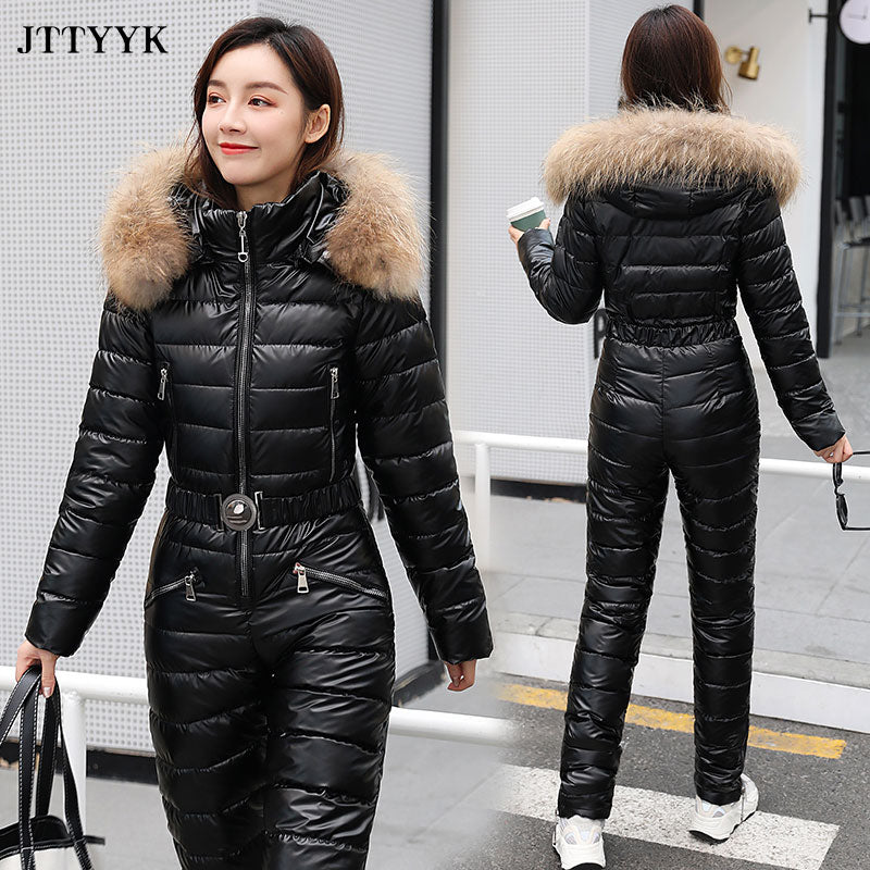 One Piece Ski Suit Women Jackets Winter Hooded Parka Jumpsuit