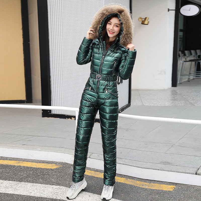 One Piece Ski Suit Women Jackets Winter Hooded Parka Jumpsuit