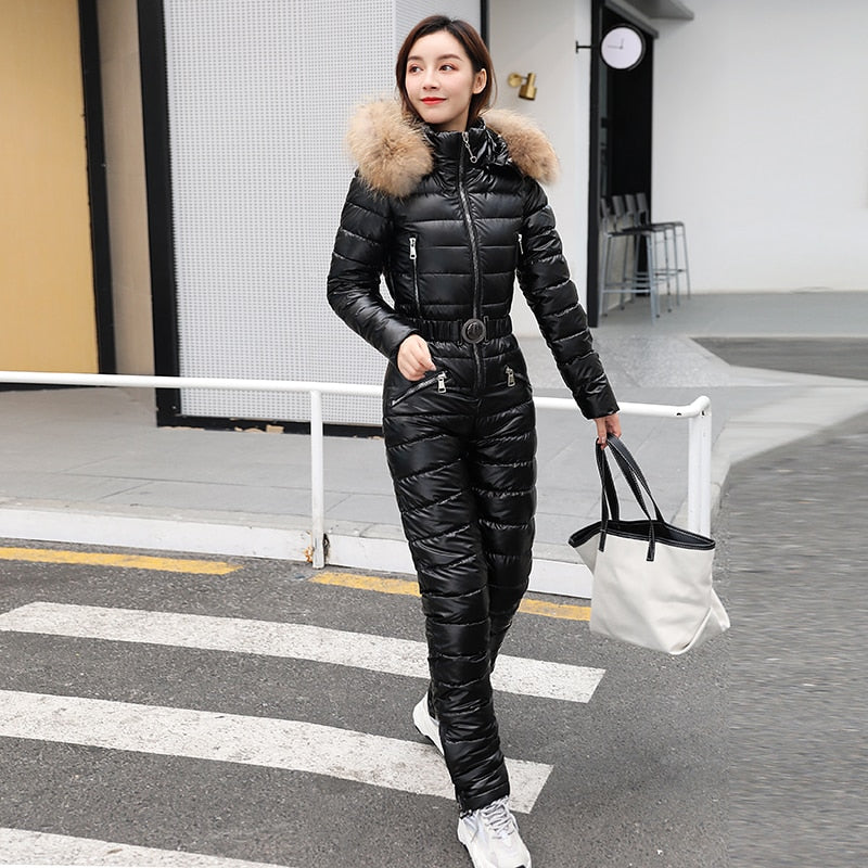 One Piece Ski Suit Women Jackets Winter Hooded Parka Jumpsuit