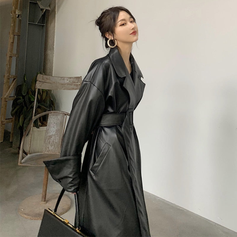 Lautaro Long oversized leather trench coat for women long sleeve