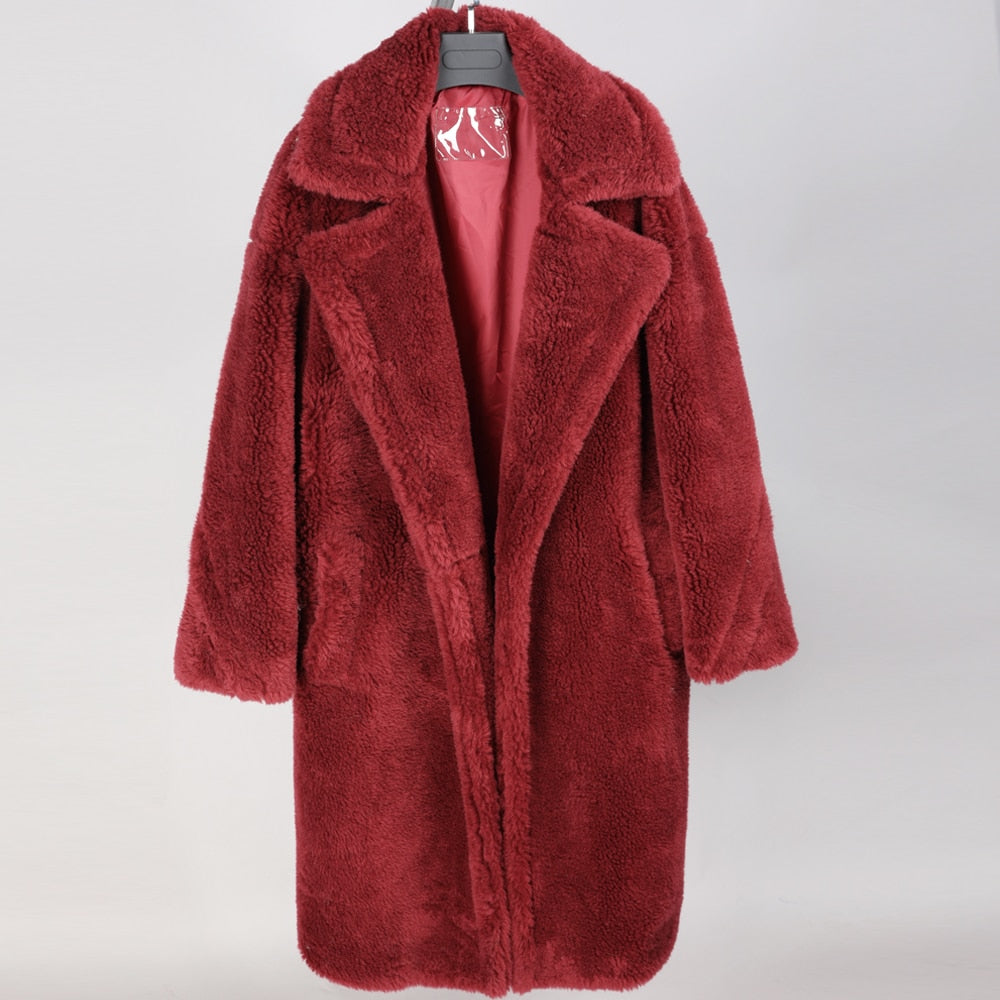 Women's Winter Jackets Natural wool sheepskin Long teddy bear coat real fox fur coat