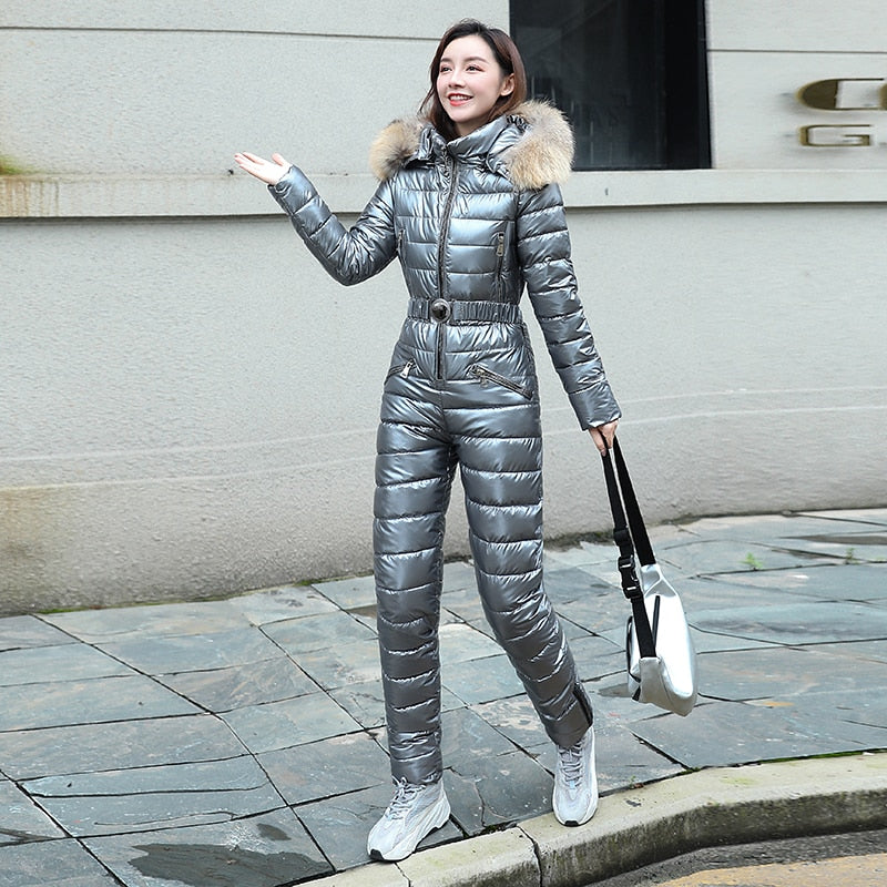 One Piece Ski Suit Women Jackets Winter Hooded Parka Jumpsuit