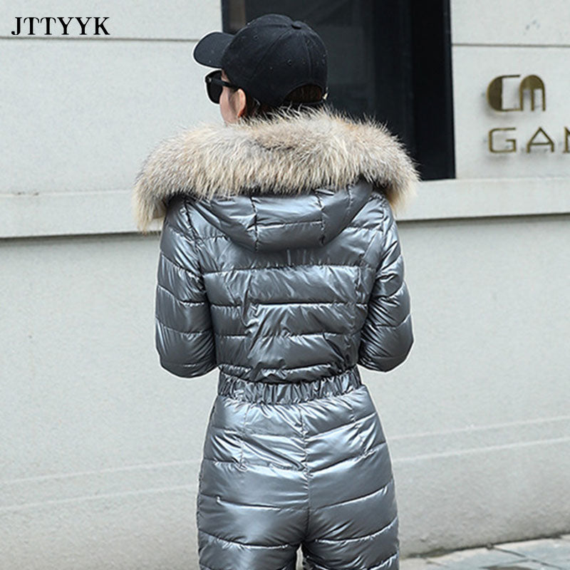 One Piece Ski Suit Women Jackets Winter Hooded Parka Jumpsuit