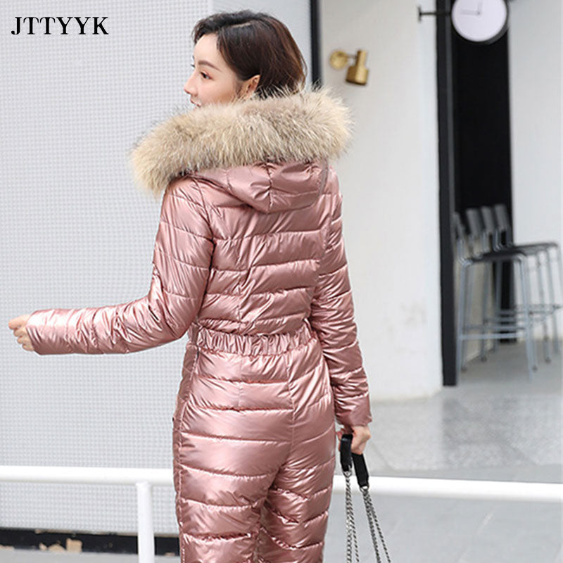 One Piece Ski Suit Women Jackets Winter Hooded Parka Jumpsuit