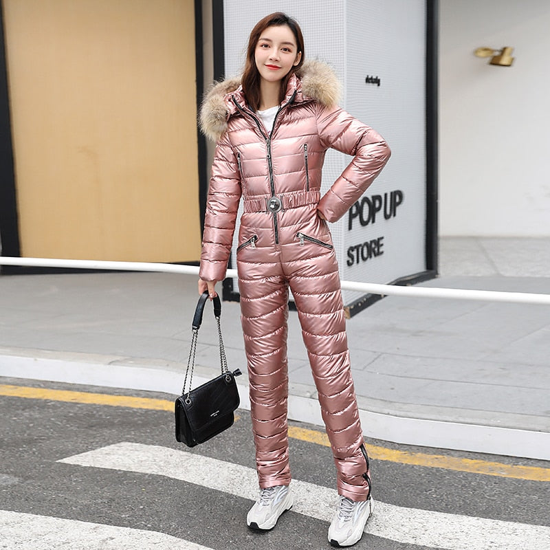 One Piece Ski Suit Women Jackets Winter Hooded Parka Jumpsuit