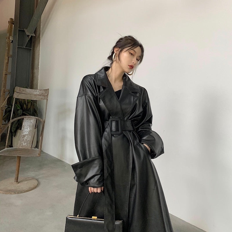 Lautaro Long oversized leather trench coat for women long sleeve