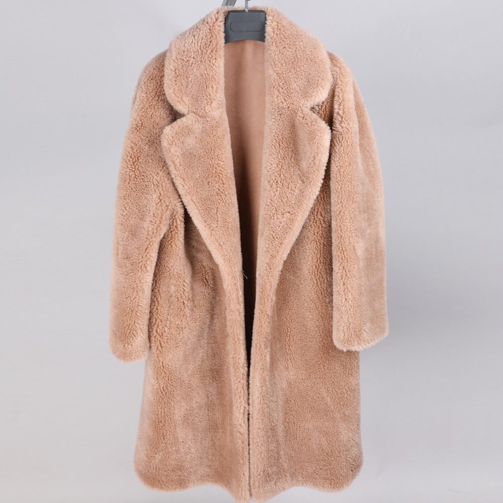 Women's Winter Jackets Natural wool sheepskin Long teddy bear coat real fox fur coat