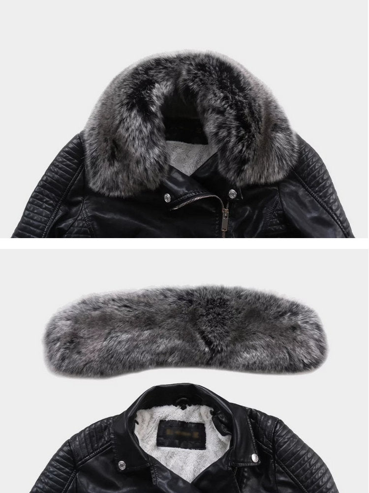 Women Winter Faux Leather Jackets and Coats with Fur Collar Belt