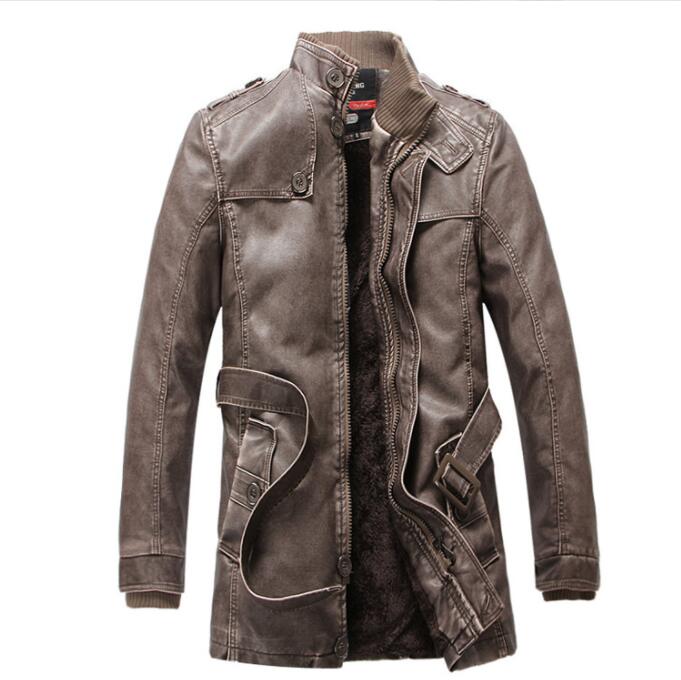 Winter Men's Thick Fleece Leather Jacket Coat Long Outwear Fashion Warm Casual Vintage Clothing for Men Steampunk Biker Jaqueta