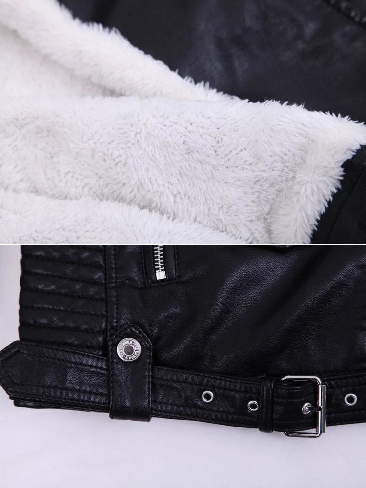 Women Winter Faux Leather Jackets and Coats with Fur Collar Belt