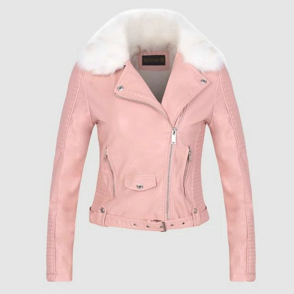 Women Winter Faux Leather Jackets and Coats with Fur Collar Belt