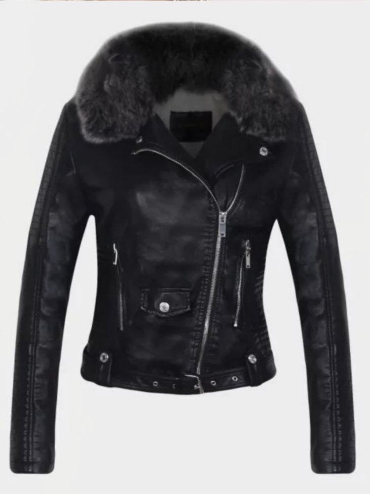 Women Winter Faux Leather Jackets and Coats with Fur Collar Belt