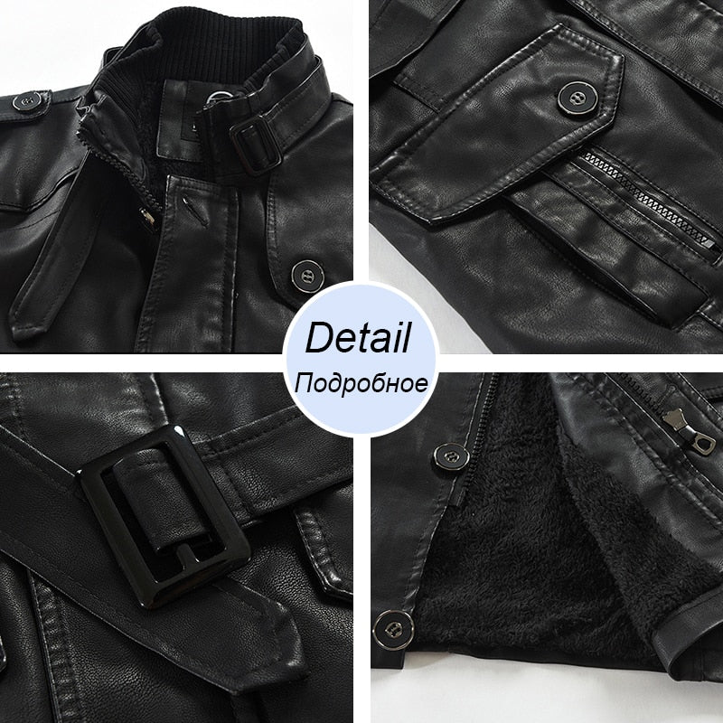 Men Winter Long Thick Fleece PU Leather Jacket Casual Business Clothing