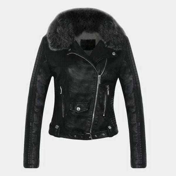 Women Winter Faux Leather Jackets and Coats with Fur Collar Belt