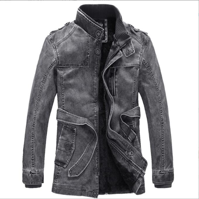 Winter Men's Thick Fleece Leather Jacket Coat Long Outwear Fashion Warm Casual Vintage Clothing for Men Steampunk Biker Jaqueta