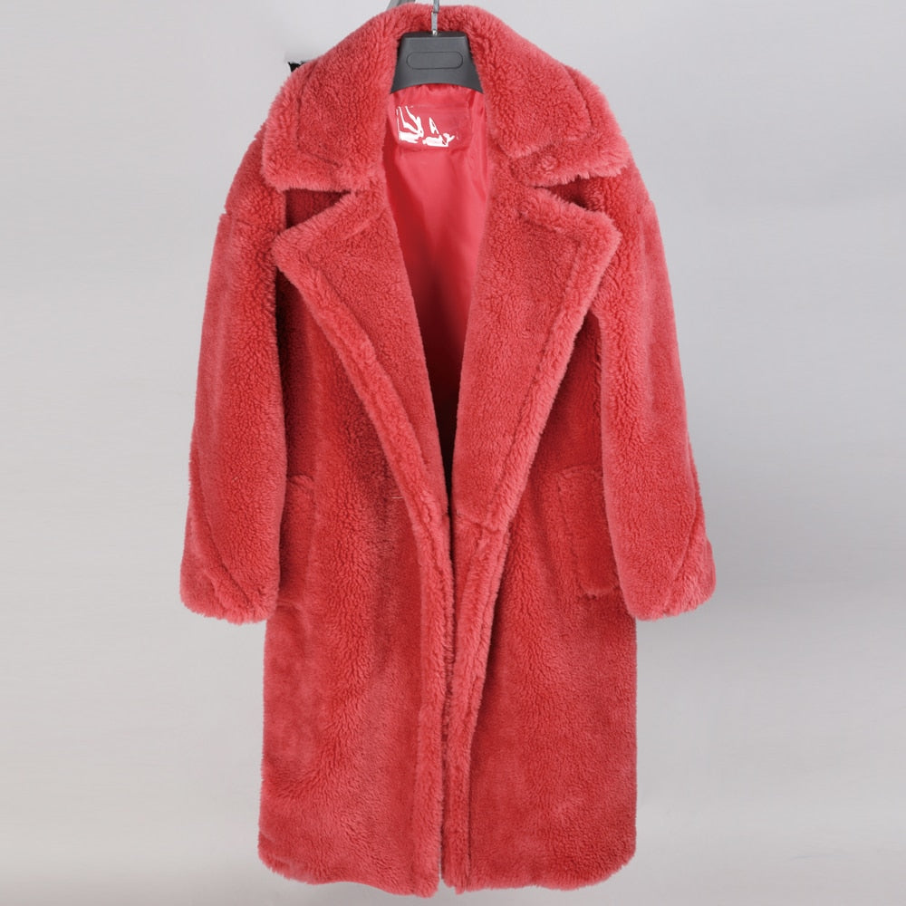 Women's Winter Jackets Natural wool sheepskin Long teddy bear coat real fox fur coat