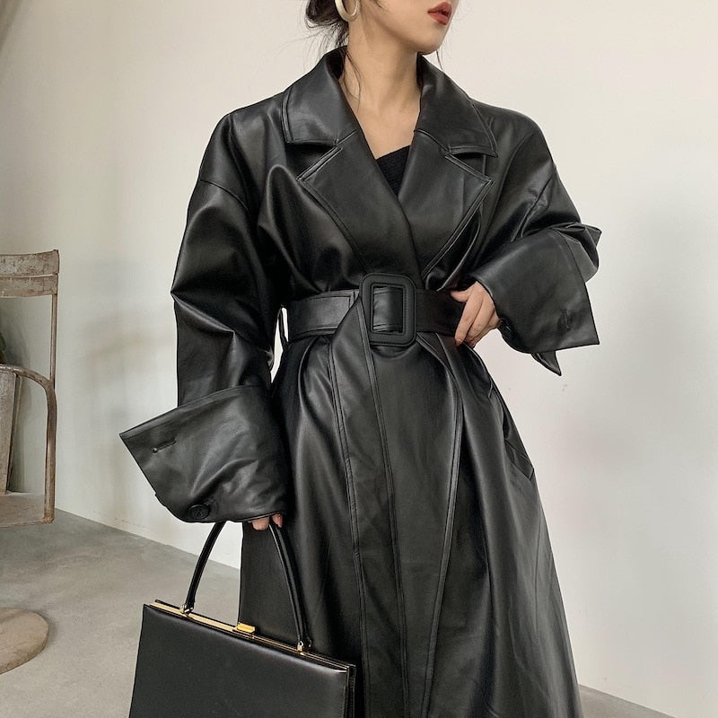 Lautaro Long oversized leather trench coat for women long sleeve