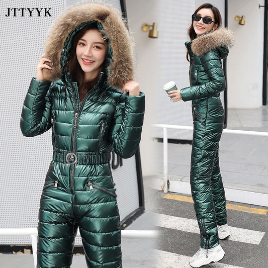 One Piece Ski Suit Women Jackets Winter Hooded Parka Jumpsuit