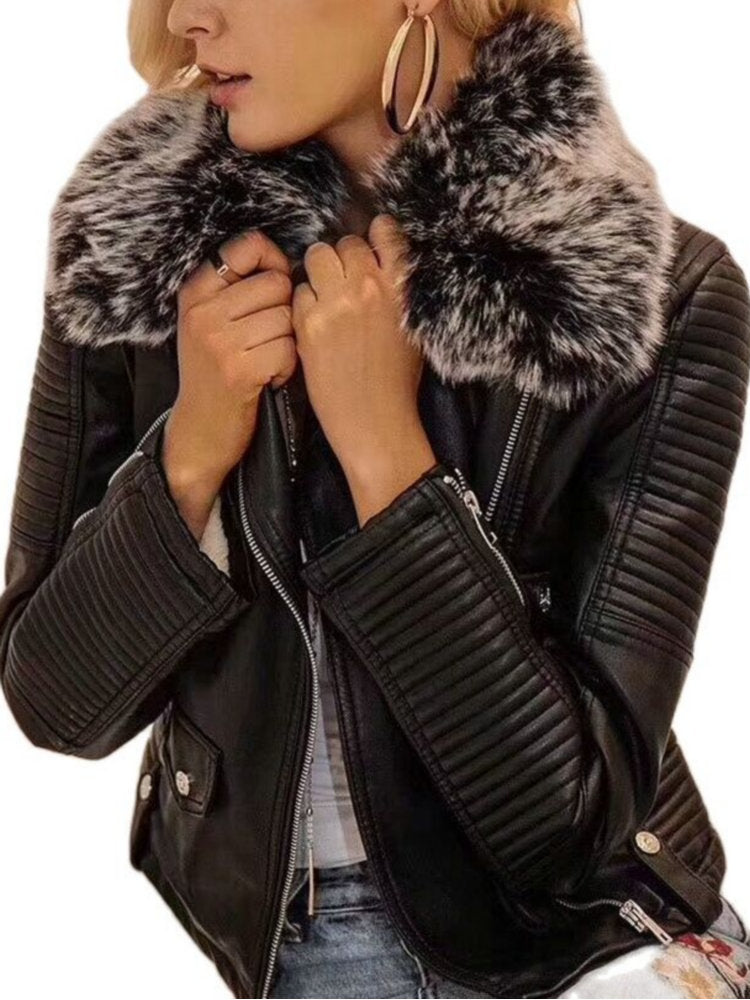 Women Winter Faux Leather Jackets and Coats with Fur Collar Belt