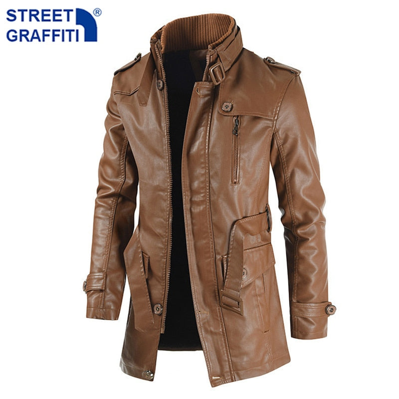 Men Winter Long Thick Fleece PU Leather Jacket Casual Business Clothing